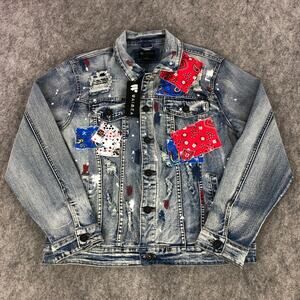 NEW Womens Denim Jacket Medium Blue Red Patch Work Paint Splatter Distressed
